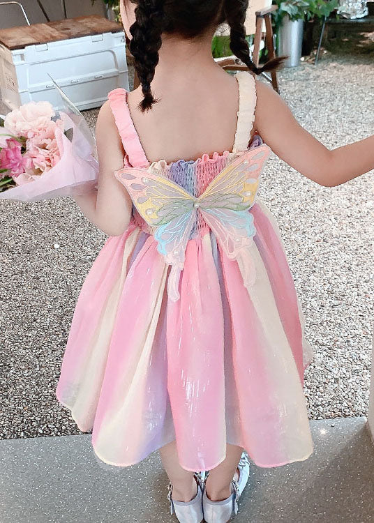 DIY Rainbow Butterfly Wrinkled Patchwork Cotton Kids Girls Dresses Summer