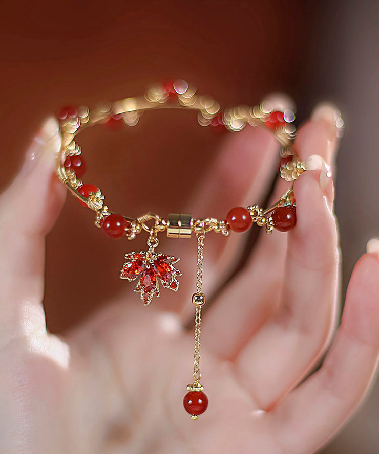 DIY Red 14K Gold Agate Maple Leaves Charm Bracelet