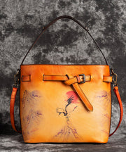 DIY Red Brown Print Paitings Calf Leather Tote Handbag