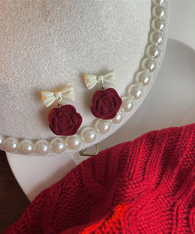 DIY Red Flocking Alloy Rose Flower Bow Drop Earrings