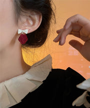 DIY Red Flocking Alloy Rose Flower Bow Drop Earrings
