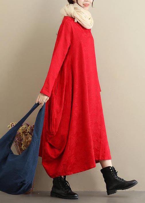 DIY Red Jacquard Tunics O Neck Asymmetric Maxi Spring Dresses - SooLinen