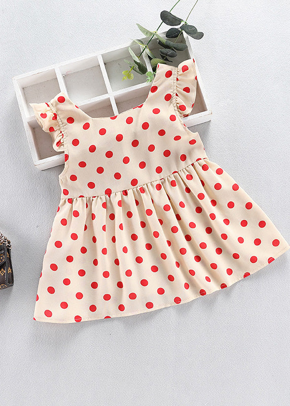 DIY Red O-Neck Dot Print Wrinkled Kids Mid Dress Sleeveless
