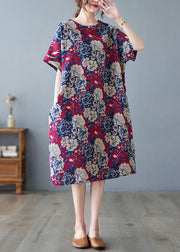 DIY Red O-Neck Floral Print Pockets Cotton Holiday Dress Short Sleeve