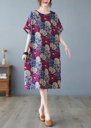 DIY Red O-Neck Floral Print Pockets Cotton Holiday Dress Short Sleeve