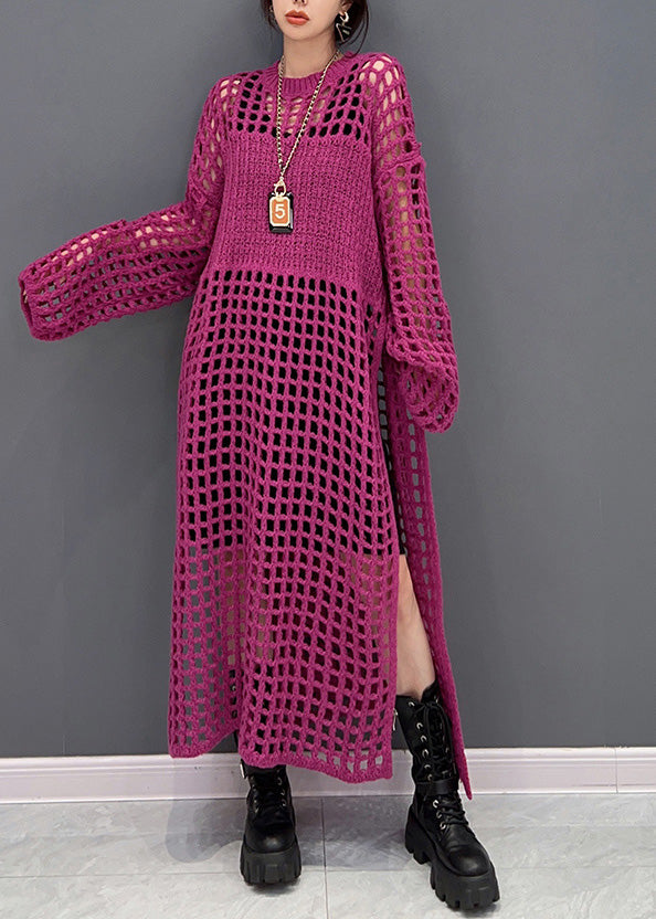 DIY Red O-Neck Hollow Out Side Open Knit Long Dresses Spring
