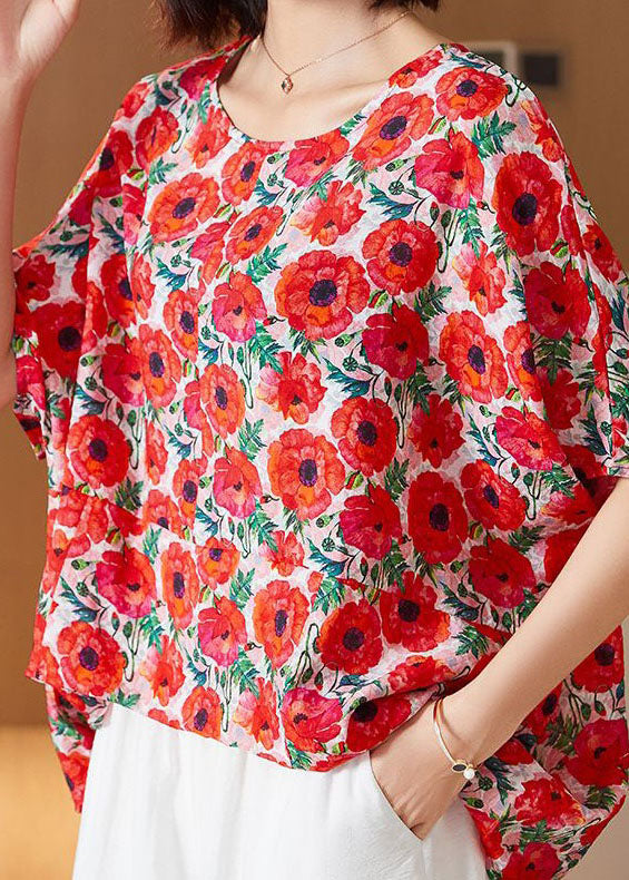 DIY Red O Neck Print Patchwork Silk T Shirt Top Summer