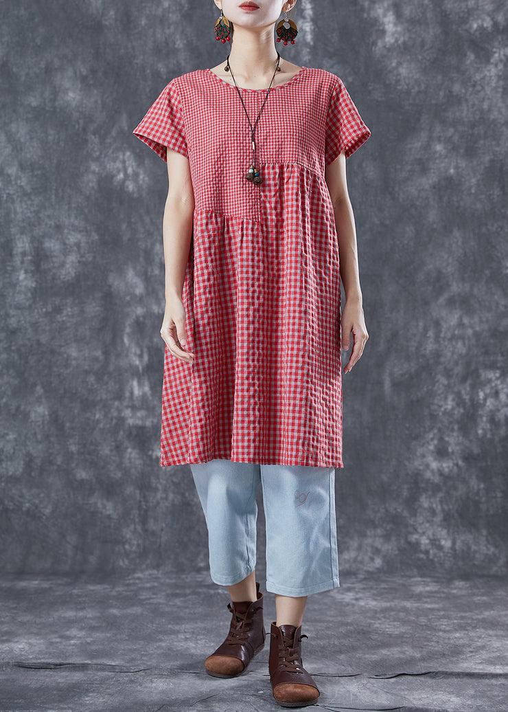 DIY Red Oversized Patchwork Plaid Linen Dresses Summer
