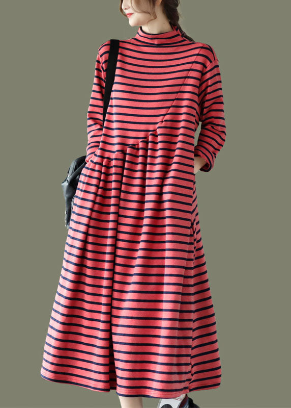 DIY Red Pockets Patchwork Striped Fall Long Dresses