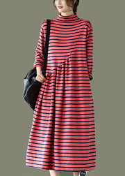 DIY Red Pockets Patchwork Striped Fall Long Dresses