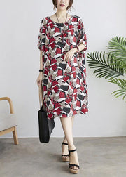 DIY Red Print Batwing Sleeve Summer Chiffon Dress - SooLinen
