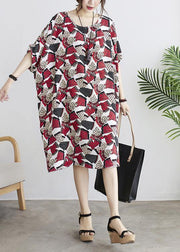 DIY Red Print Batwing Sleeve Summer Chiffon Dress - SooLinen
