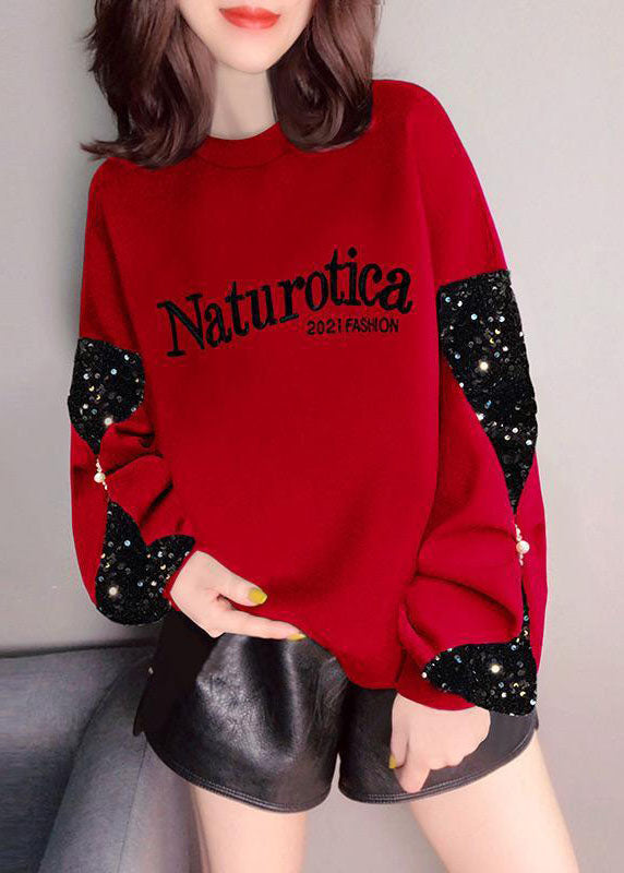 DIY Red Sequins Patchwork Sweatshirts Top Winter