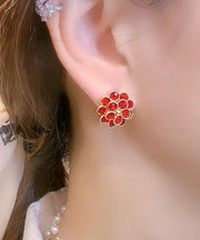 DIY Red Stering Silver Overgild Zircon Sunflower Stud Earrings