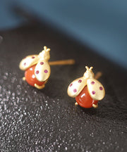 DIY Red Sterling Silver Overgild Little Bee Stud Earrings