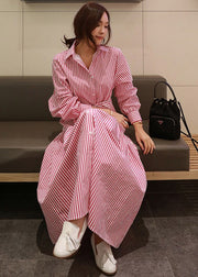 DIY Red Striped Peter Pan Collar Button Tie Waist Wrinkled Cotton Dress Long Sleeve