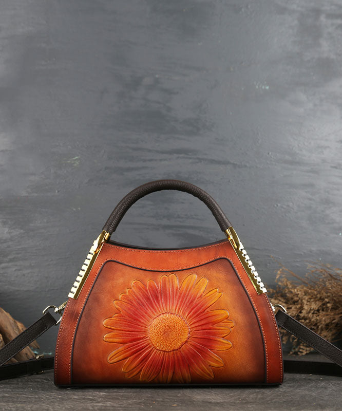 DIY Red The Sunflowers Jacquard Calf Leather Tote Handbag