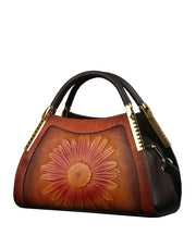 DIY Red The Sunflowers Jacquard Calf Leather Tote Handbag