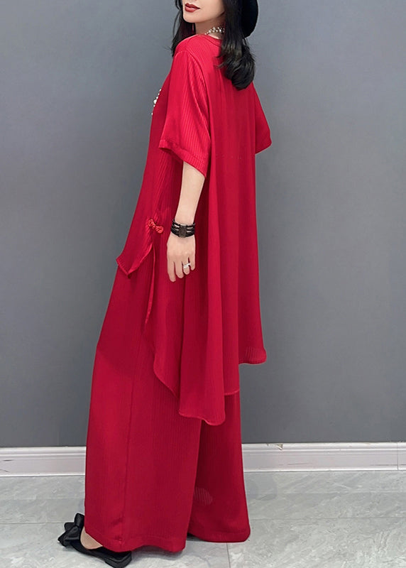 DIY Red V Neck Asymmetrical Solid Shirts And Wide Leg Pants Two Piece Set Spring