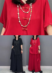 DIY Red V Neck Asymmetrical Solid Shirts And Wide Leg Pants Two Piece Set Spring