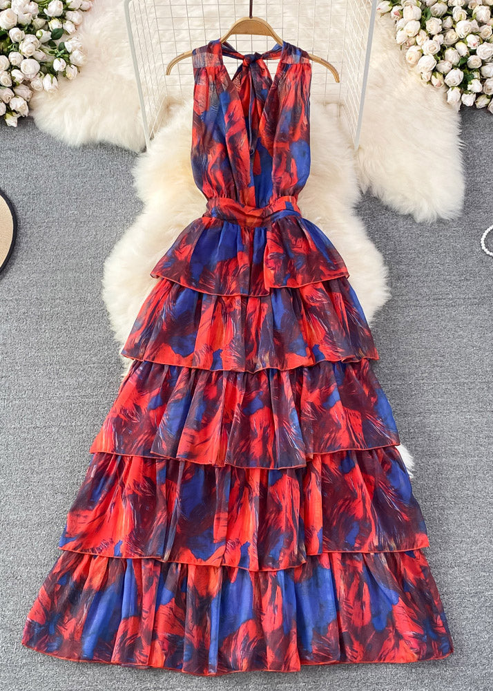 DIY Red V Neck Print Tie Dye Tunic Long Layered Dress Summer
