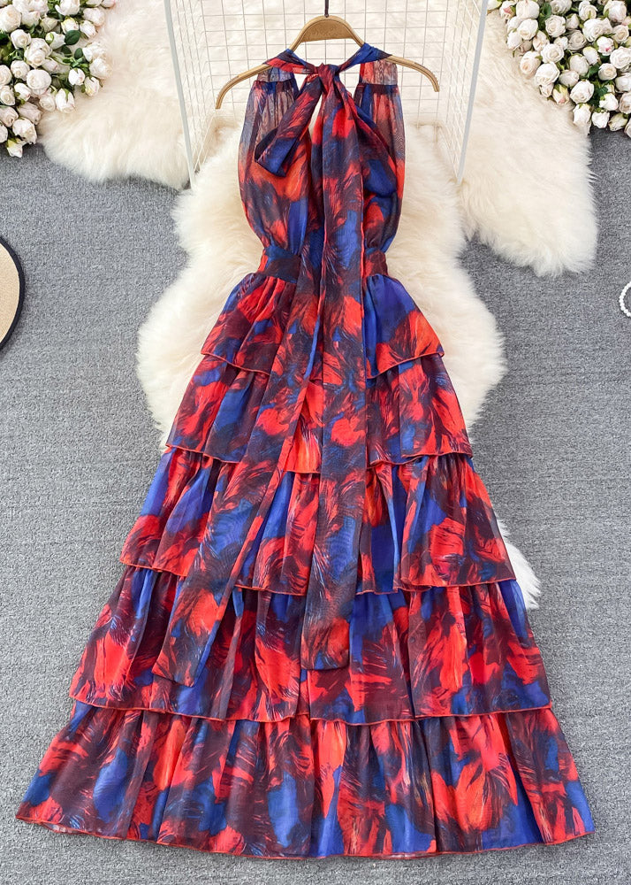 DIY Red V Neck Print Tie Dye Tunic Long Layered Dress Summer