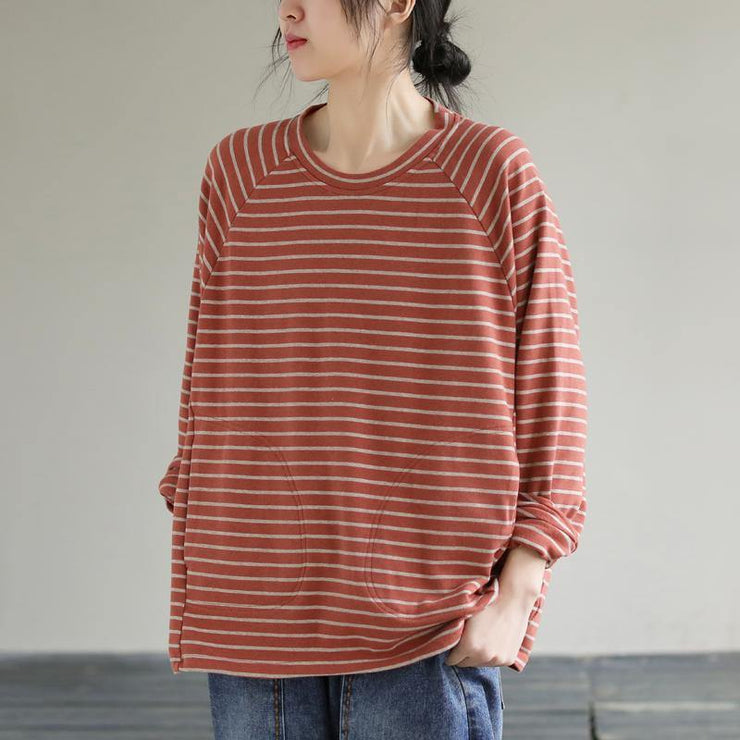 DIY Red cotton Crane tops Striped cotton Spring Sweatshirt - SooLinen