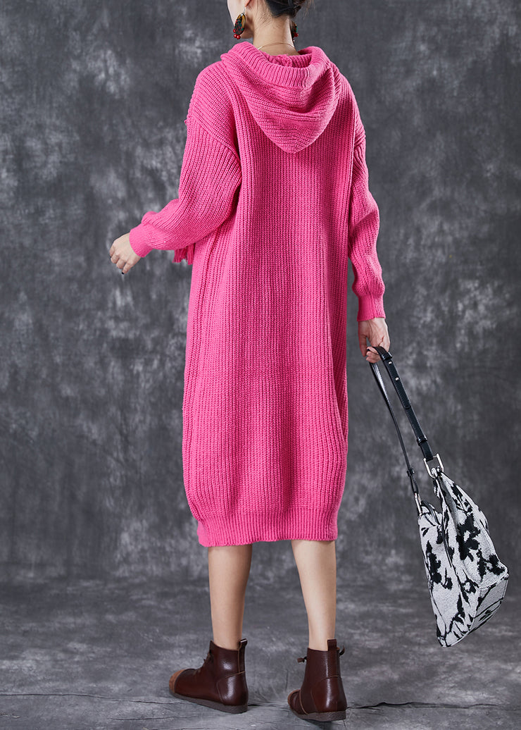 DIY Rose Hooded Drawstring Knit Pullover Sweatshirt Dress Fall