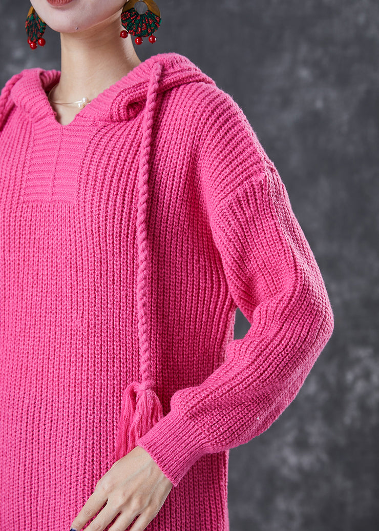 DIY Rose Hooded Drawstring Knit Pullover Sweatshirt Dress Fall