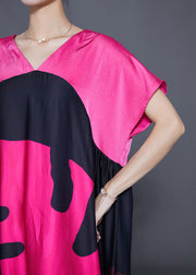 DIY Rose V Neck Patchwork Print Silk Maxi Dresses Summer