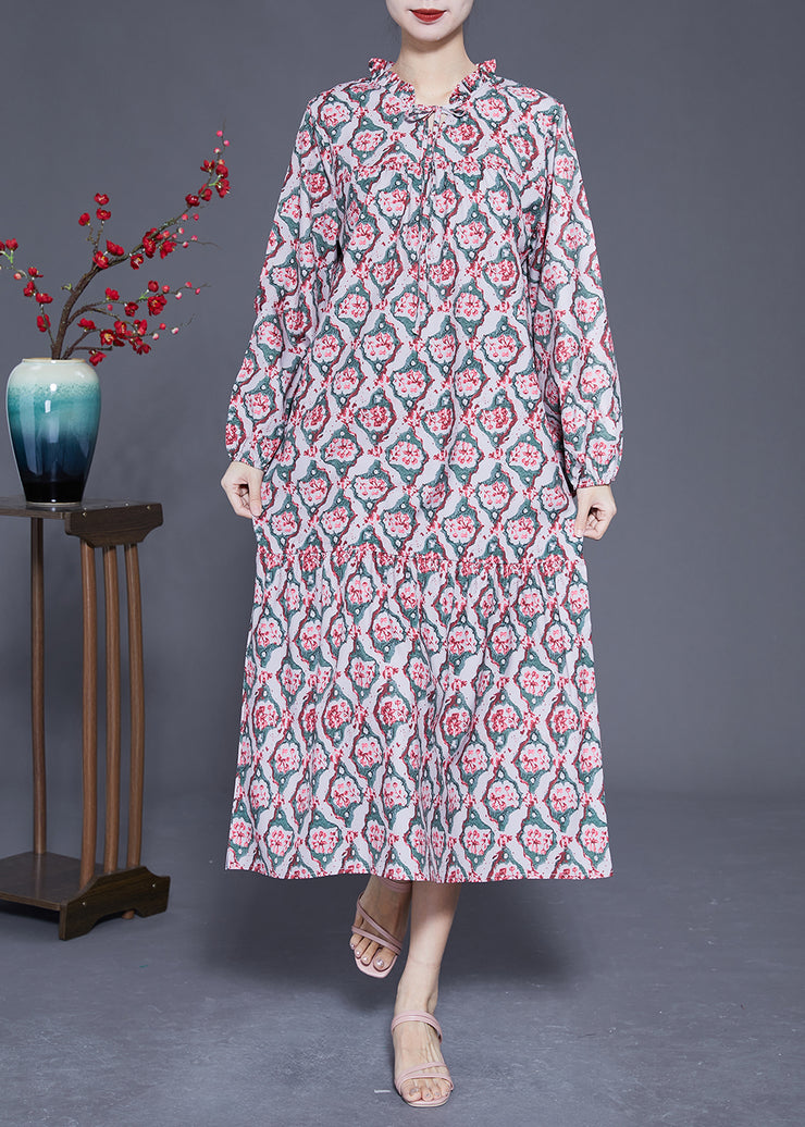 DIY Ruffled Lace Up Print Silk Long Dress Spring