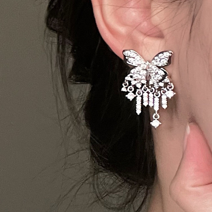 DIY Silk Sterling Silver Zircon Butterfly Tassel Drop Earrings