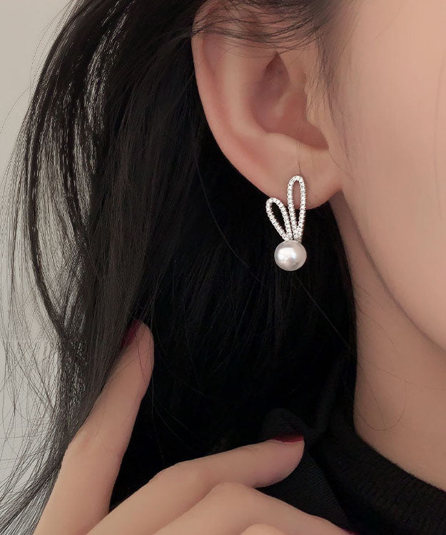 DIY Silk Sterling Silver Zircon Pearl Little Rabbit Stud Earrings