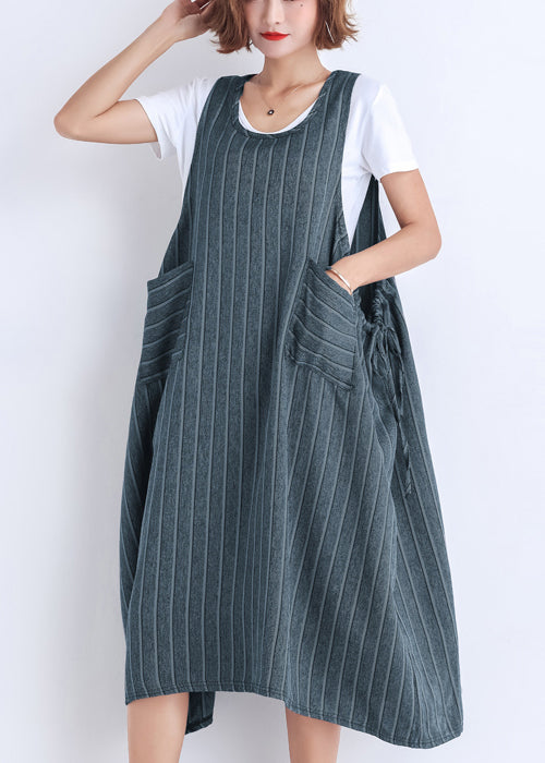 DIY ärmellose Taschen Baumwollkleidung Frauen Korea Kleiderschränke gestreiftes Kleid Sommer
