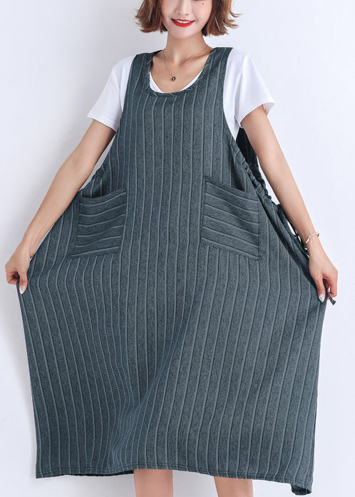 DIY ärmellose Taschen Baumwollkleidung Frauen Korea Kleiderschränke gestreiftes Kleid Sommer