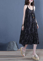 DIY Spaghetti Strap cotton dresses Outfits black print cotton Dress - SooLinen