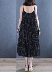 DIY Spaghetti Strap cotton dresses Outfits black print cotton Dress - SooLinen
