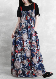 DIY Spaghetti Strap pockets dress design blue print Dress - SooLinen