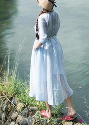 DIY Stand Button Summer Robes Wardrobes Sky Blue Dress - SooLinen