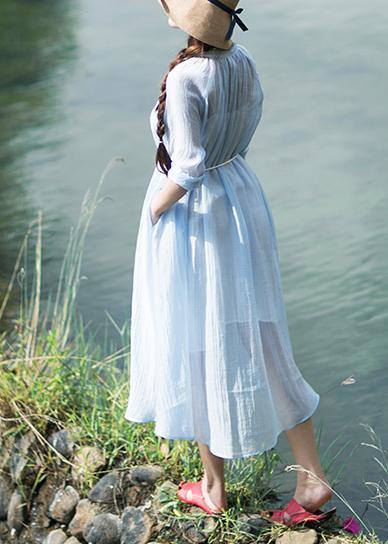 DIY Stand Button Summer Robes Wardrobes Sky Blue Dress - SooLinen