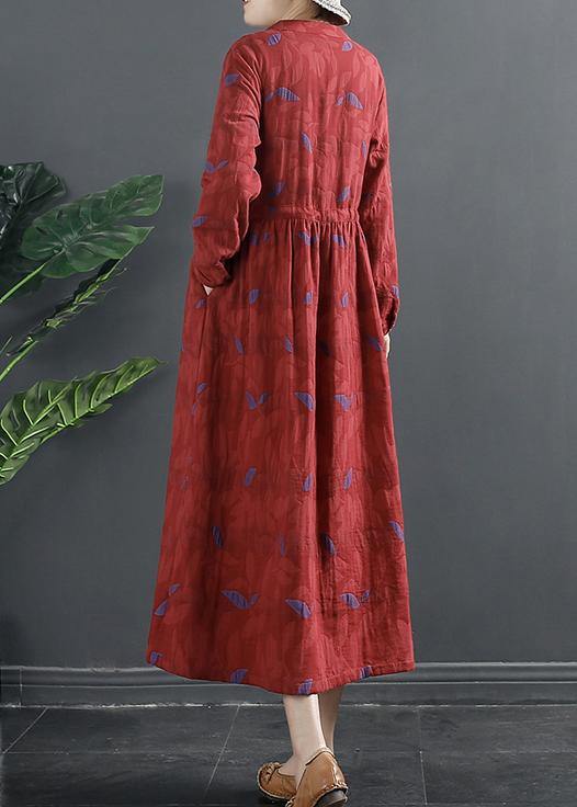 DIY Stand Collar Quilting Dresses Pattern Red Print Long Dress - SooLinen