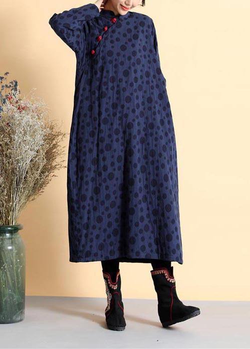 DIY Stand Collar Spring Quilting Dresses Work Outfits Navy Dotted Dress - SooLinen