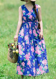 DIY Summer Sleeveless Clothes Work Blue Print Dresses - SooLinen
