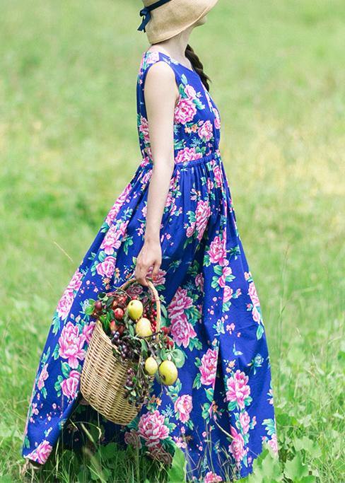 DIY Summer Sleeveless Clothes Work Blue Print Dresses - SooLinen