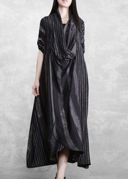 DIY V Neck Asymmetric Tunics Black Striped Robes Dress - SooLinen