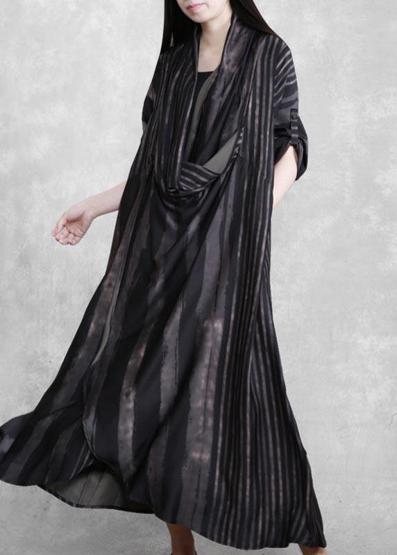 DIY V Neck Asymmetric Tunics Black Striped Robes Dress - SooLinen