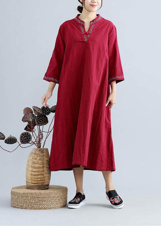 DIY V Neck Spring Outfit Work Burgundy Embroidery Robes Dress - SooLinen