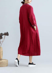 DIY V Neck Spring Outfit Work Burgundy Embroidery Robes Dress - SooLinen