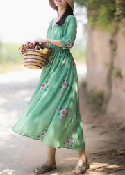 DIY V Neck Tie Waist Summer Quilting Dresses Wardrobes Green Print Long Dress - SooLinen