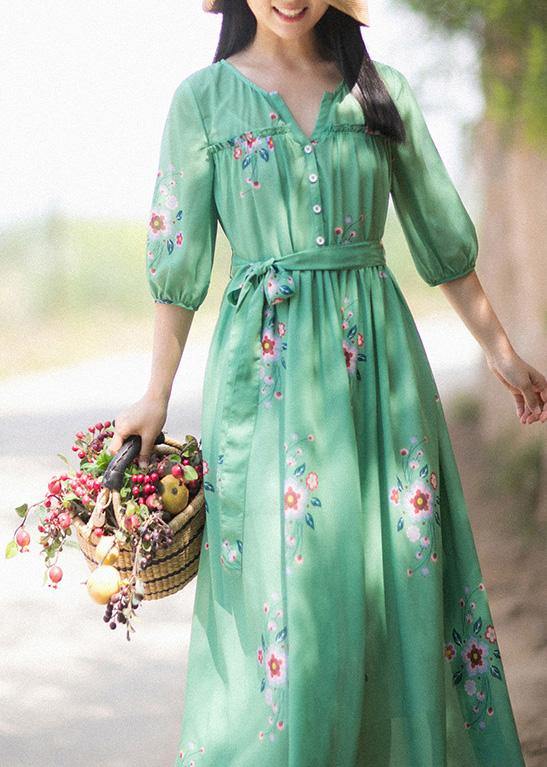 DIY V Neck Tie Waist Summer Quilting Dresses Wardrobes Green Print Long Dress - SooLinen
